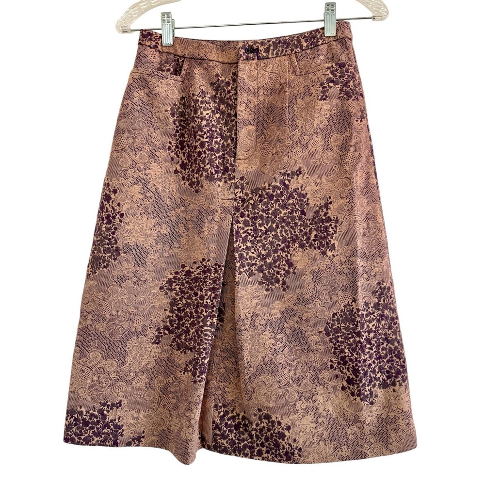 GITTI Women Purple Brown Cream Paisley Pleated Pocketed Midi PencilSkirt-Size 2
